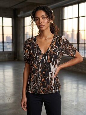 Take 50% OFF- Adrienne Black Marble-Print V-Neck Top, Size-L
